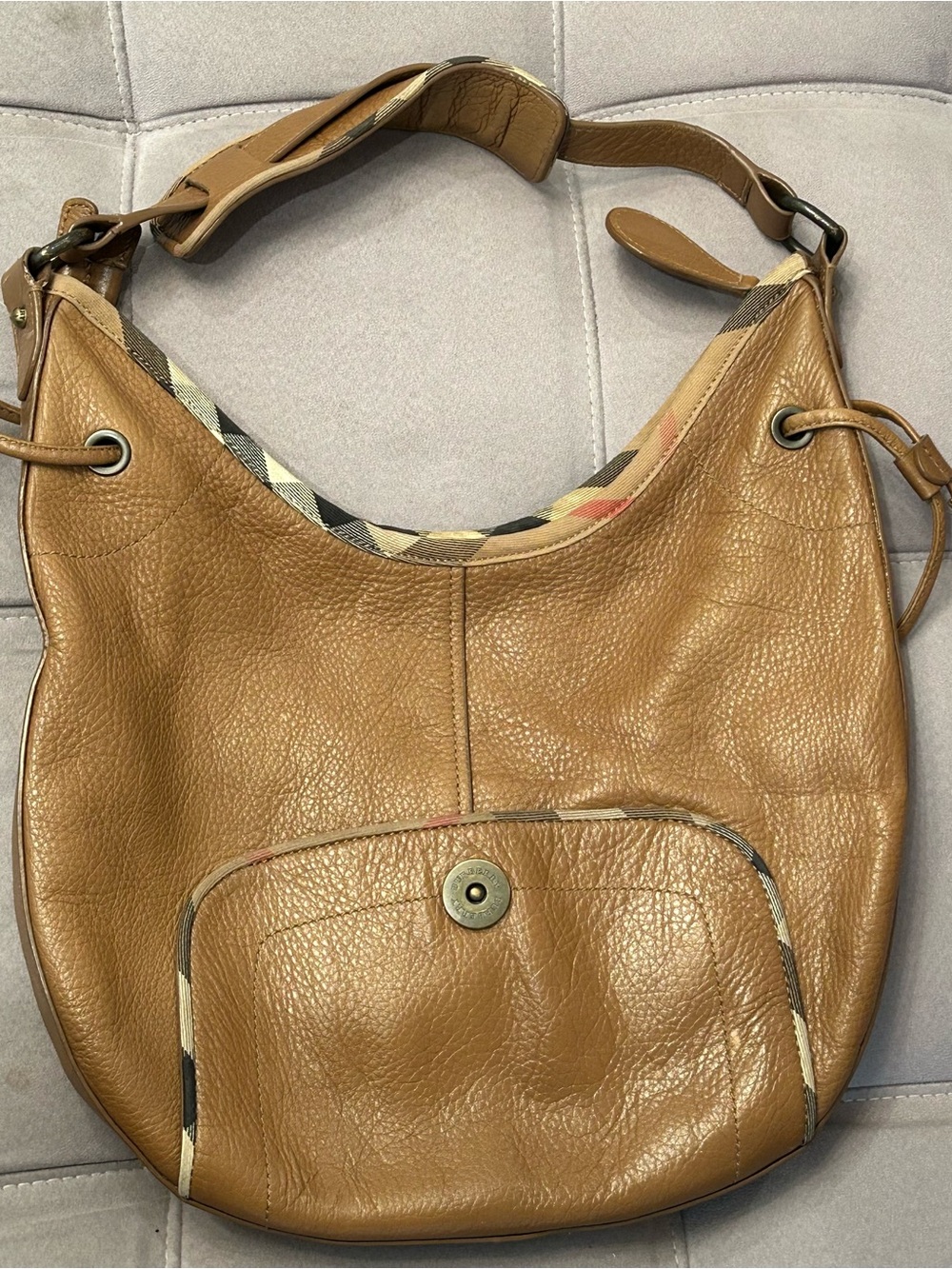 Burberry Tan Leather Shoulder Hobo with Signature Trim